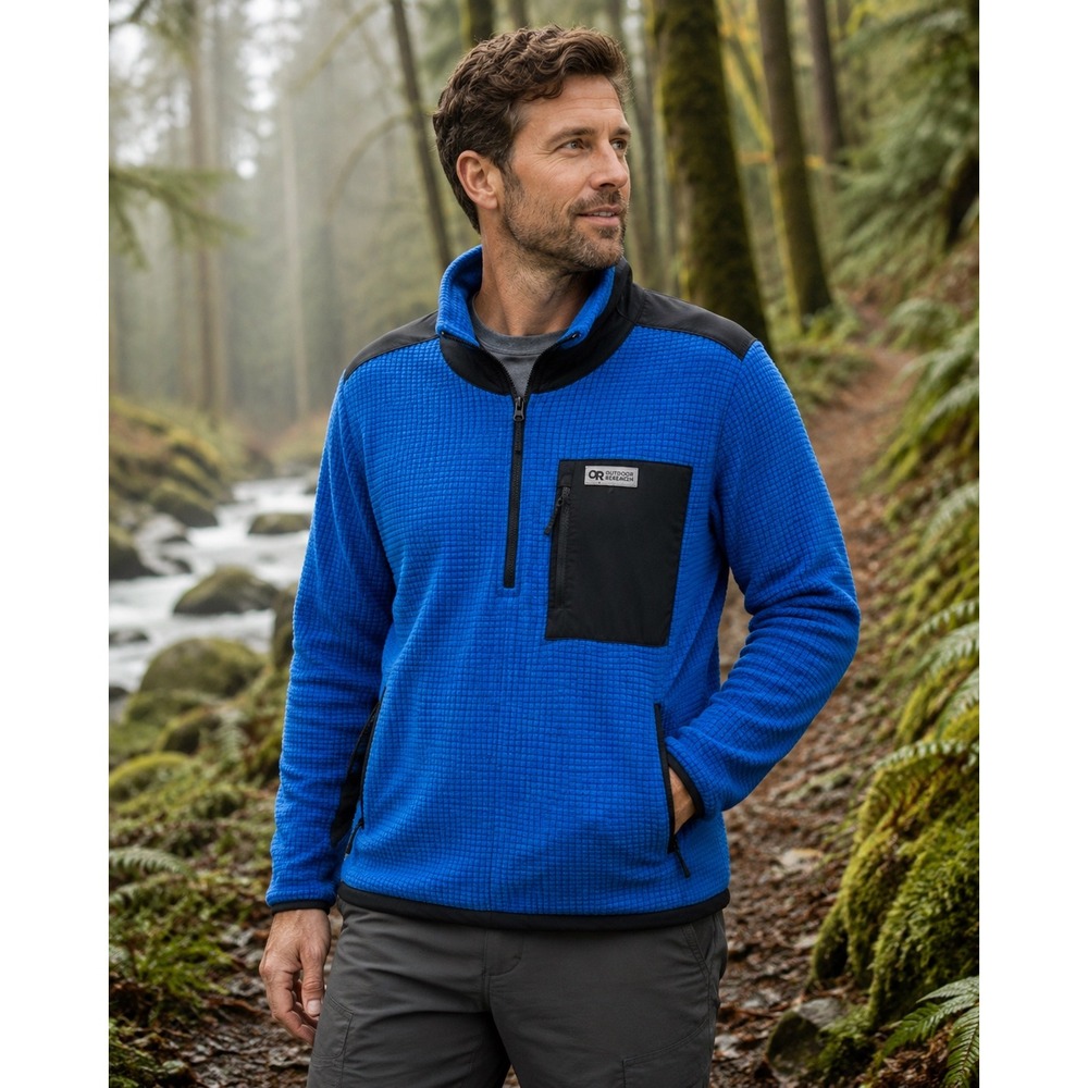 Outdoor Research Men LARGE Blue Trail Mix Quarter Zip Pullover Fleece JACKET